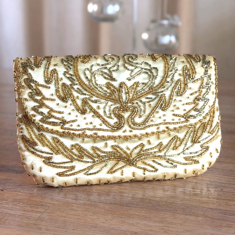 Vtg 90s Cream Satin Gold Beaded Evening Clutch Shoulder Bag Floral Wedding Bag